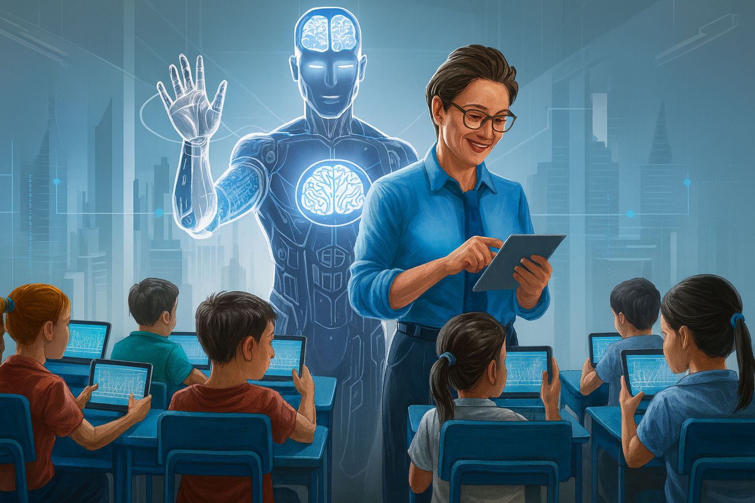 Professora e assistente robótico interagindo com alunos em sala de aula sobre Inteligência Artificial.