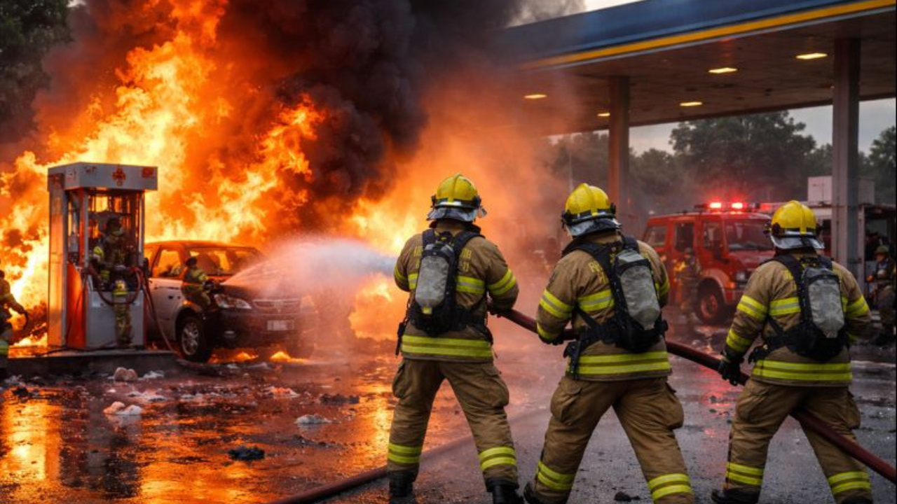 Explosão em posto de gasolina em São Gonçalo ocorreu após carro explodir no Jardim Catarina. Bombeiros do CBMERJ controlaram a situação.