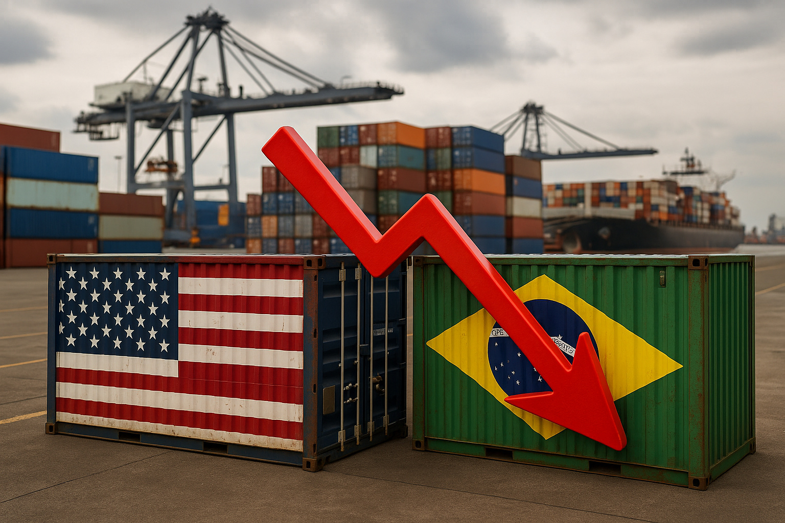 Contêineres dos EUA e do Brasil em porto, com seta vermelha apontando para baixo, simbolizando a queda das exportações brasileiras para os Estados Unidos.