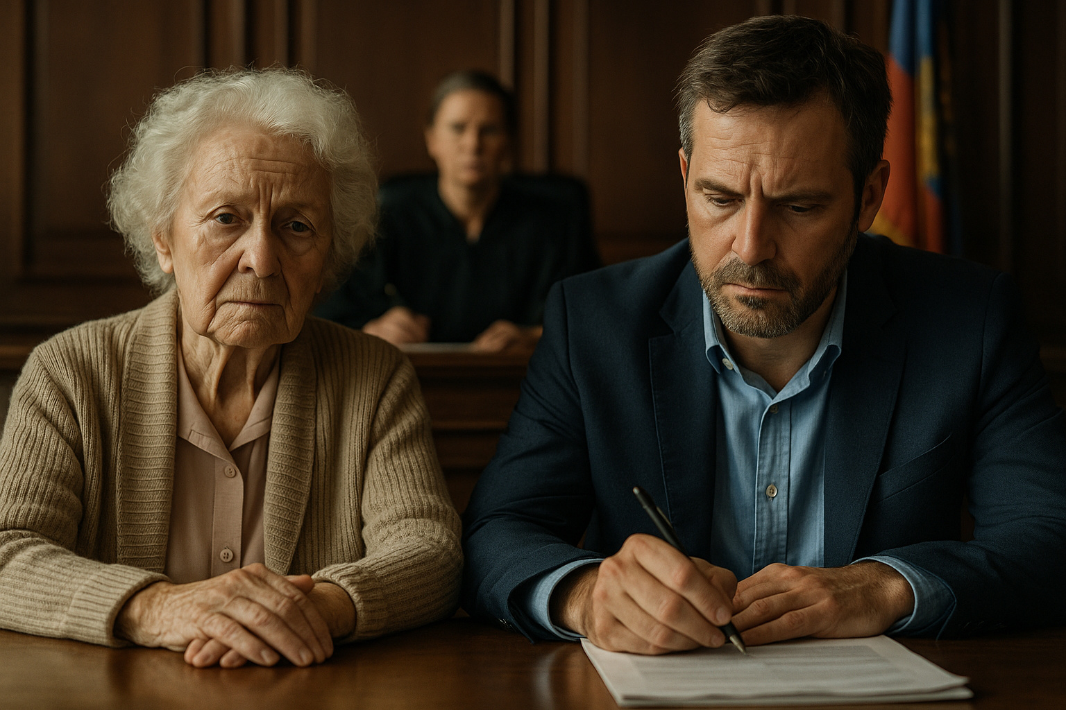 Filho e mãe idosa em audiência judicial sobre pensão alimentícia, sentados diante da juíza em um tribunal.