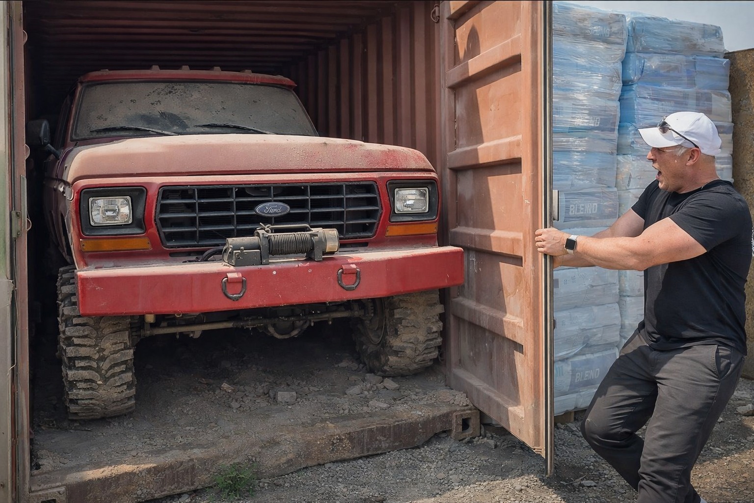 Ford F-250 guardada por 20 anos em contêiner é revelada em estado perfeito. Dono decide não vender a picape valiosa.