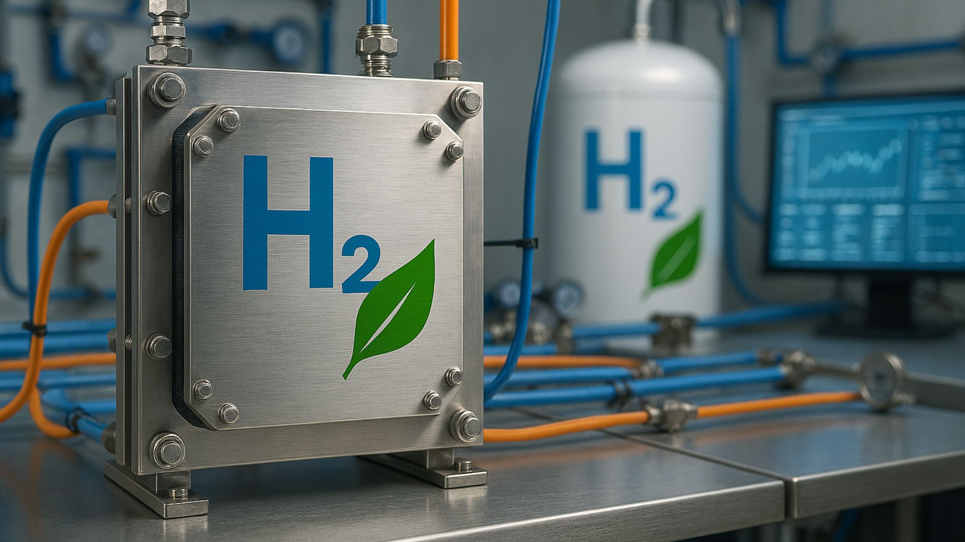Eletrolisador sem membrana em laboratório moderno, conectado a tubos e monitor, com tanque de hidrogênio ao fundo.