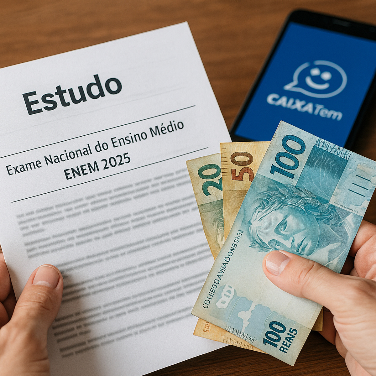 Estudante segurando cédulas de real e documento do Enem 2025 com aplicativo Caixa Tem ao fundo, representando o bônus do Pé-de-Meia