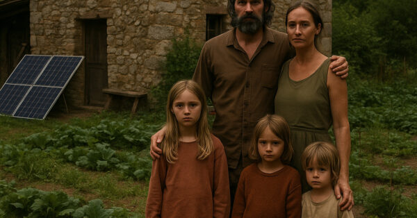 Família em frente a uma casa de pedra isolada, com horta e painéis solares, representando vida autossuficiente em área rural da Itália.