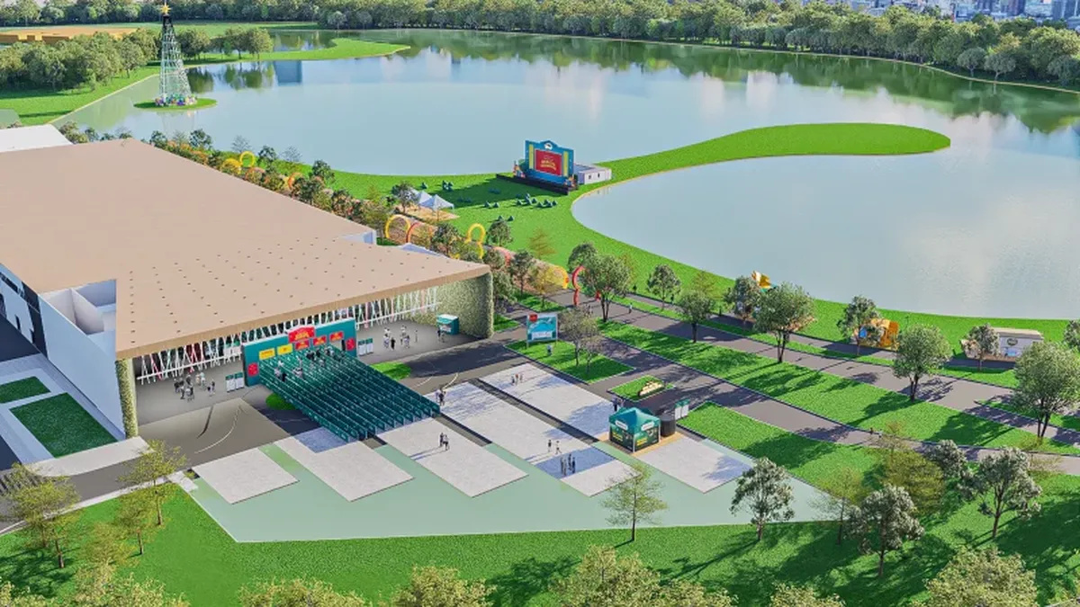 Visão aérea do Parque Barigui preparado para o Natal da Disney em Curitiba, com estrutura temática, lago e áreas iluminadas.