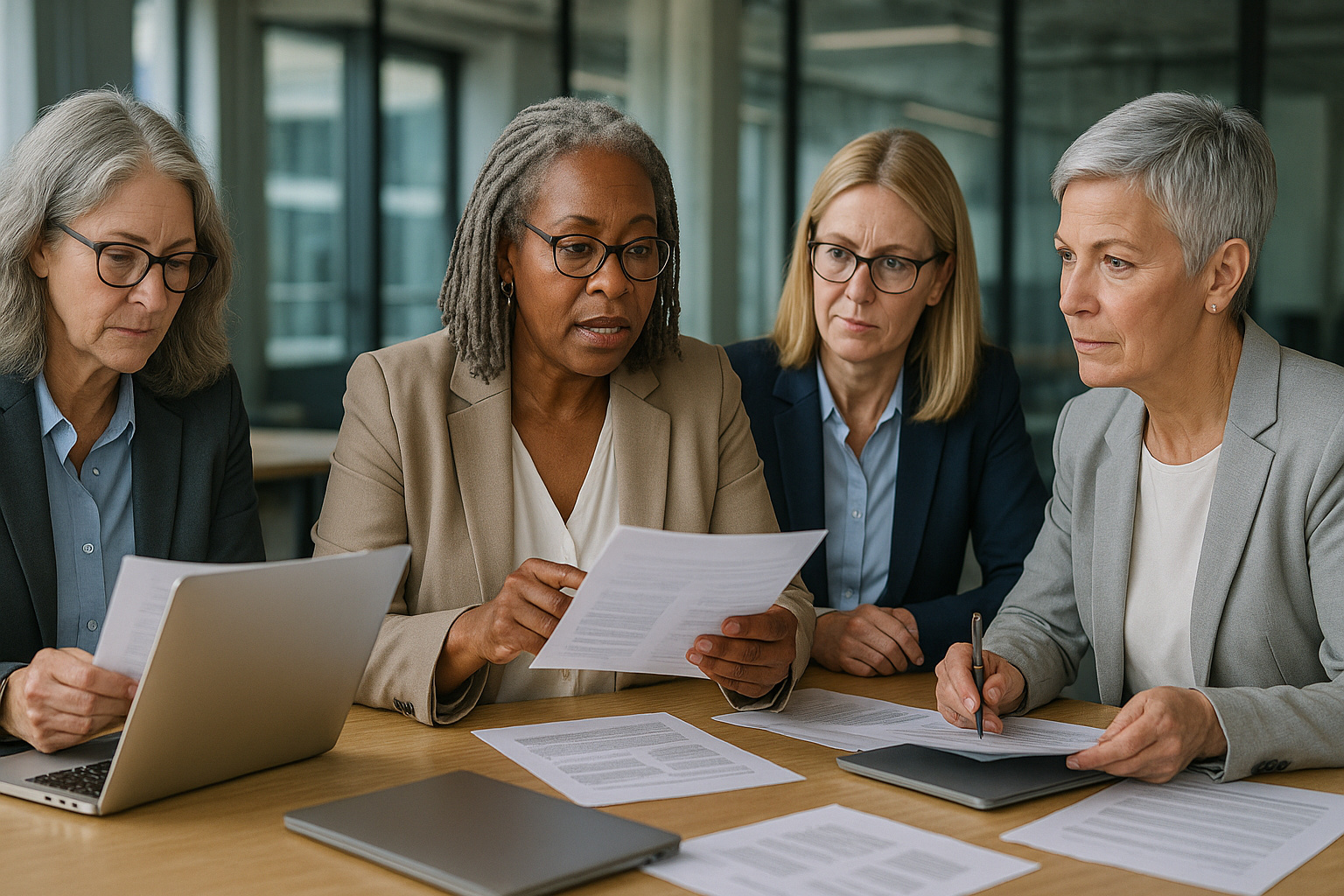 Mulheres acima de 50 anos conversando em escritório moderno sobre inclusão no mercado de trabalho.
