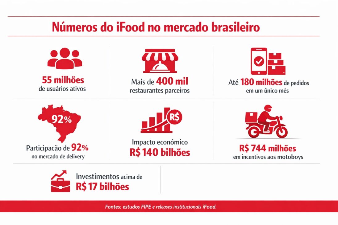 Infografía con números del iFood en el mercado brasileño mostrando volumen de pedidos, participación de mercado, impacto económico e inversiones