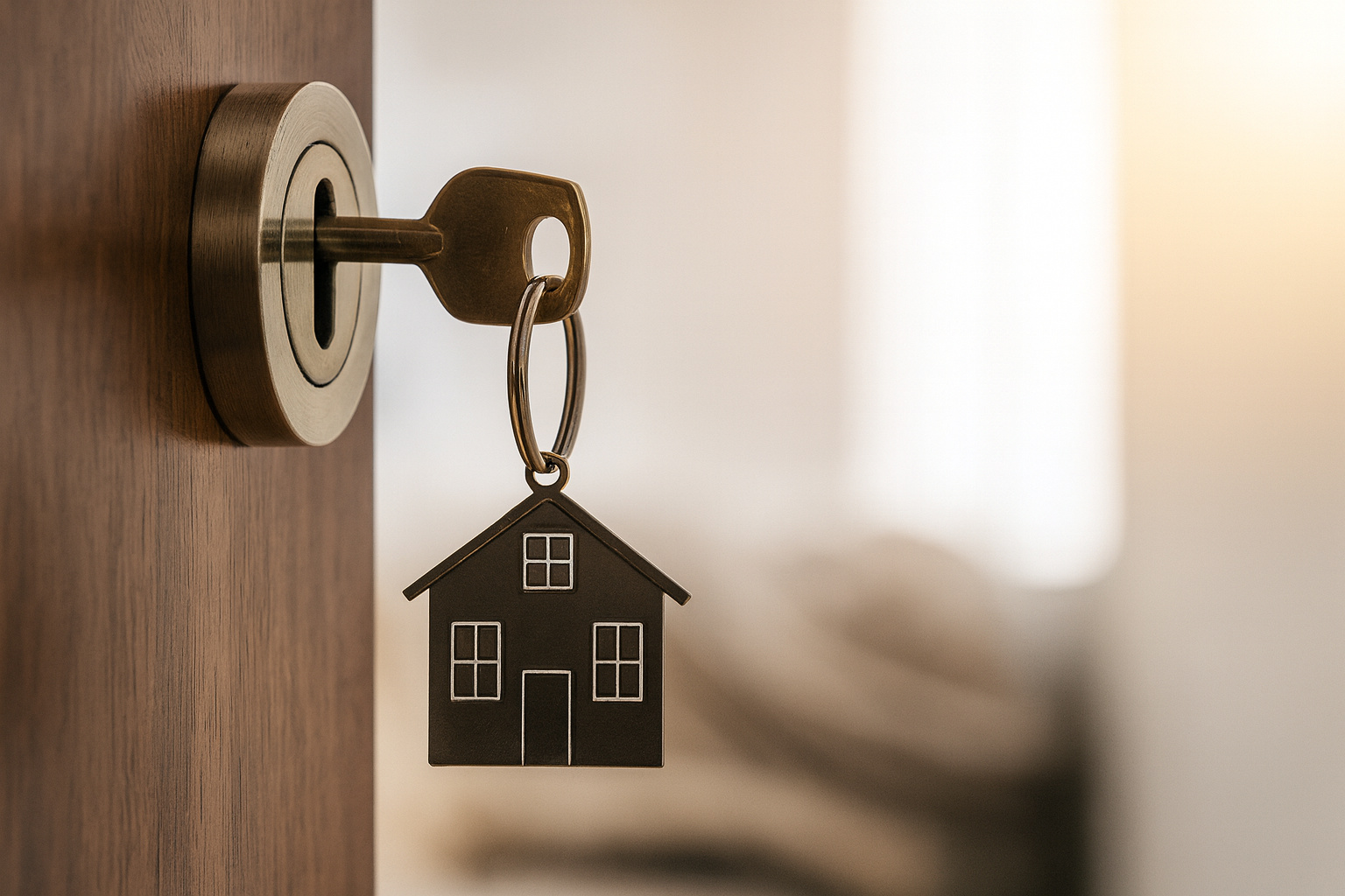 Chave inserida na fechadura com chaveiro em formato de casa, simbolizando direitos e responsabilidades do inquilino na locação.