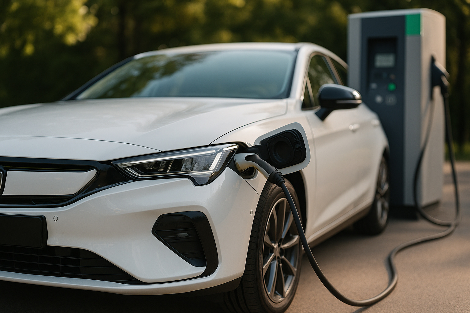 Carro elétrico branco em carregamento em estação pública, representando a expansão de veículos eletrificados beneficiados pela isenção de IPVA em 2026.