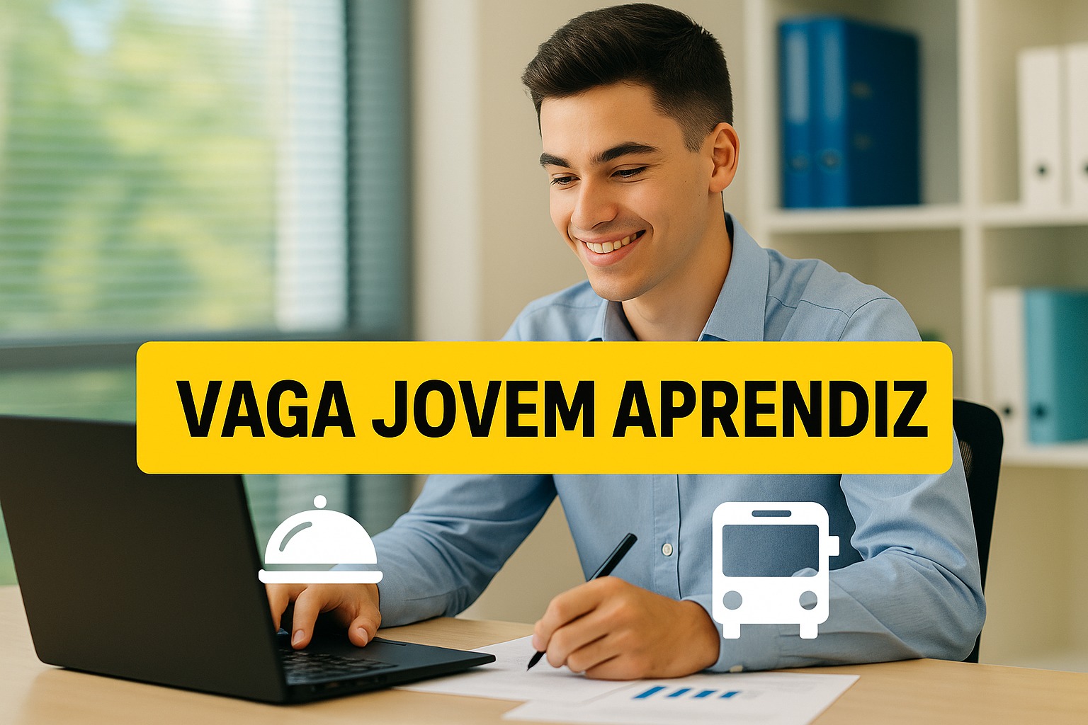 Vaga de Jovem Aprendiz em Administração abre 1 oportunidade para estudantes do Ensino Médio, com jornada parcial pela manhã, atividades administrativas e benefícios básicos
