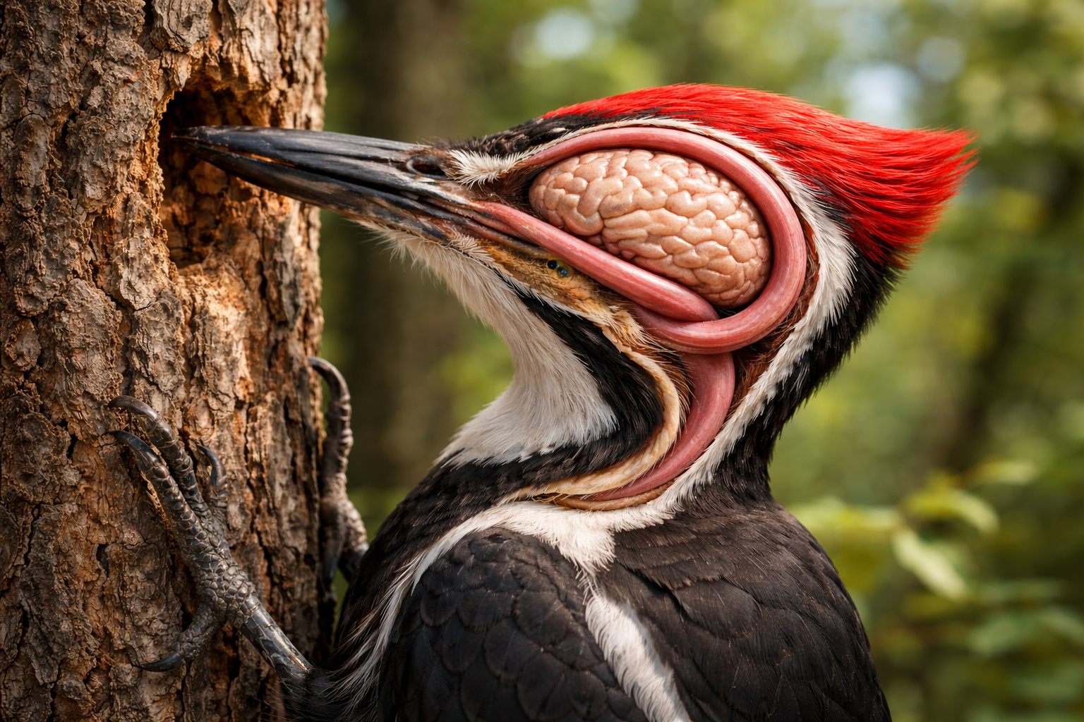 Pica-pau martelando tronco com destaque para a língua longa envolvendo o crânio e protegendo o cérebro contra impactos repetitivos