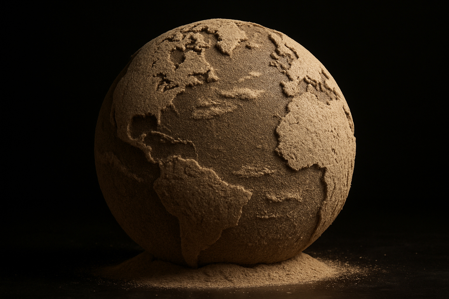 Globo terrestre esculpido em areia, com detalhes realistas que representam a vulnerabilidade do planeta diante da exploração humana.