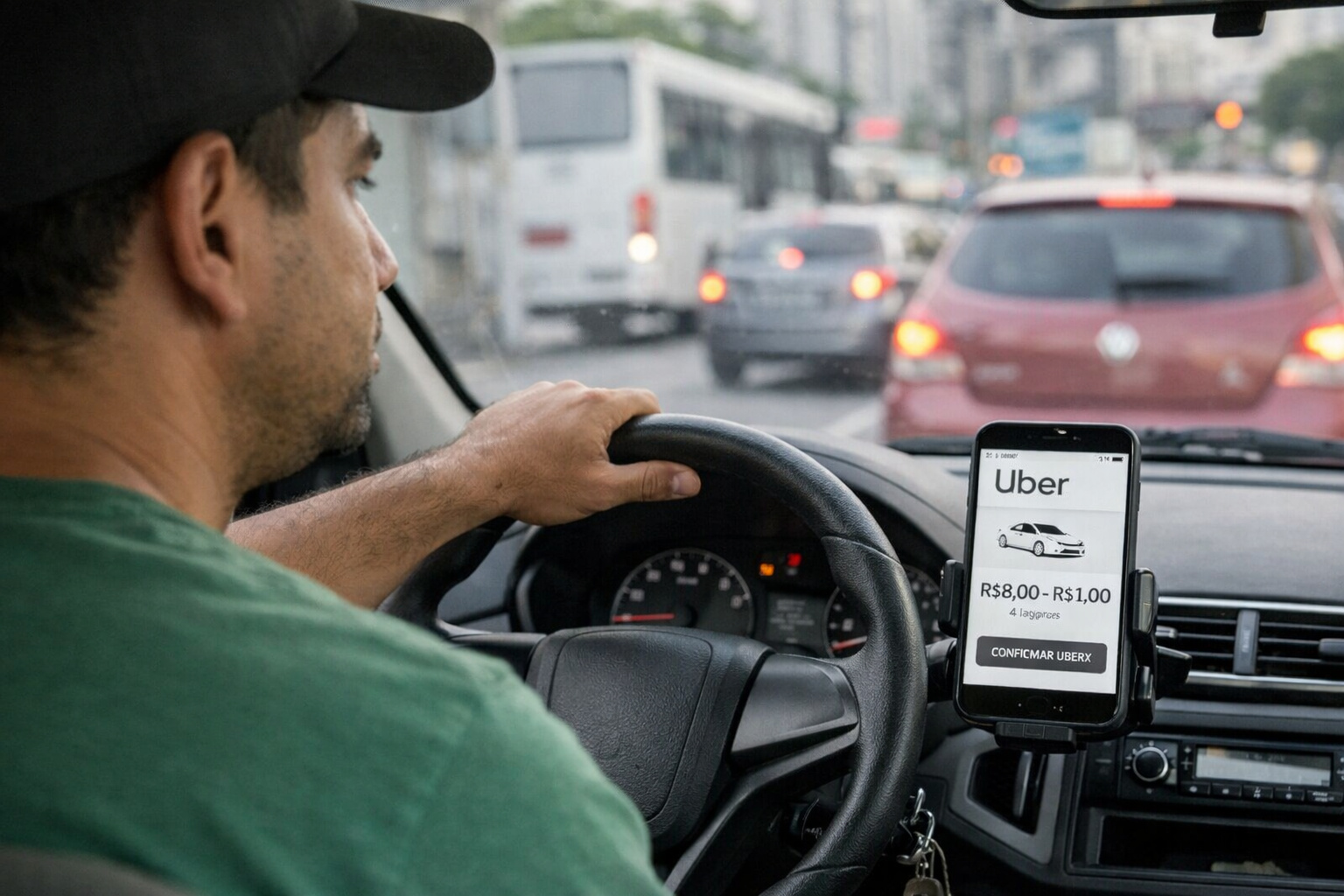 Motorista de aplicativo brasileiro usando o Uber X durante corrida urbana.