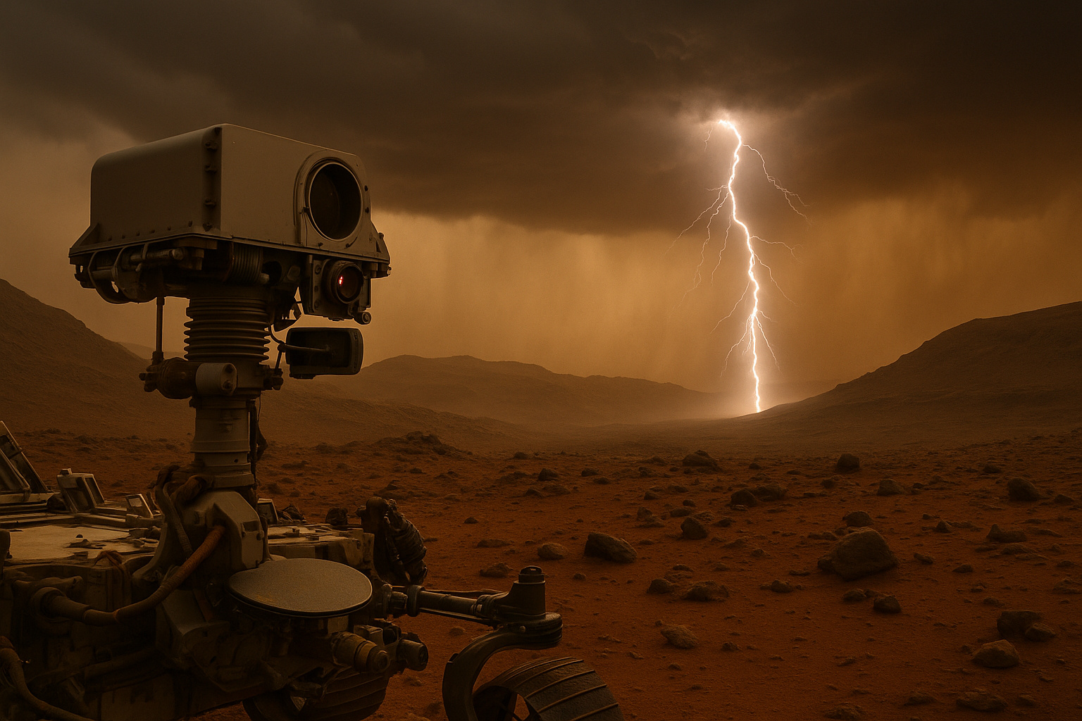 Rover Perseverance da Nasa em solo marciano sob tempestade de poeira, com descarga elétrica iluminando a atmosfera de Marte.