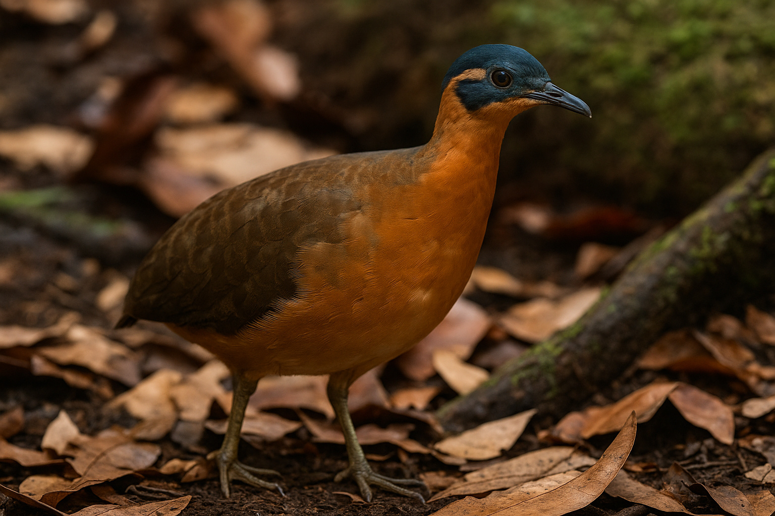 Tinamu-de-máscara-ardósia caminhando sobre folhas secas na floresta amazônica, destacando plumagem canela-avermelhada e faixa escura nos olhos.