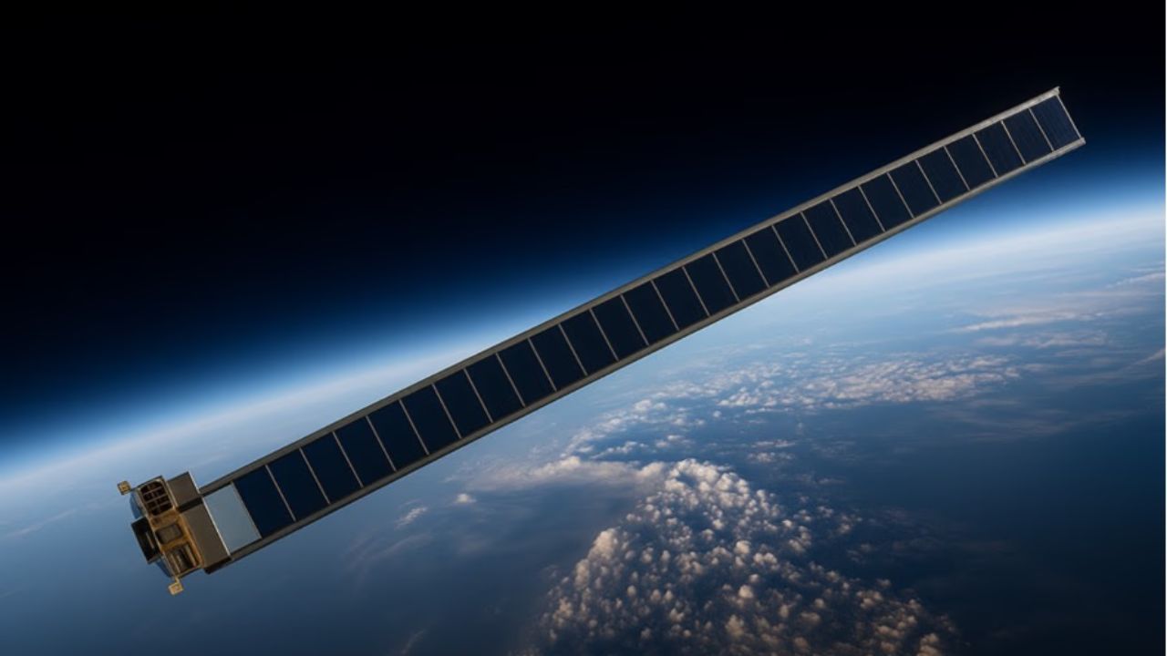 Painel solar estendido no espaço em órbita da Terra, com o planeta ao fundo e atmosfera iluminada.