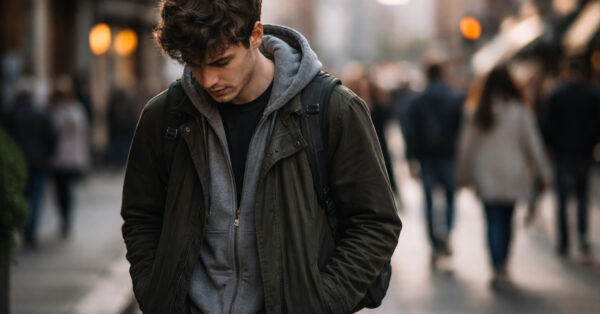 Pessoa caminhando em rua urbana movimentada com o olhar voltado para baixo, representando comportamento humano analisado pela psicologia e neurociência.