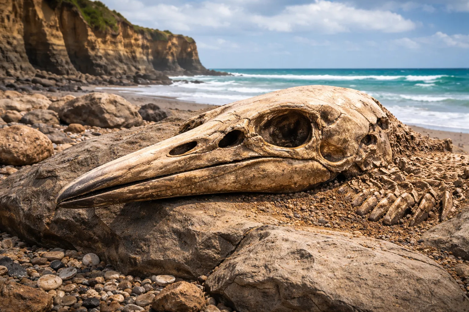 Fóssil revela pinguim gigante na Nova Zelândia há 3 milhões de anos, com crânio 31% maior e adaptação a águas quentes.