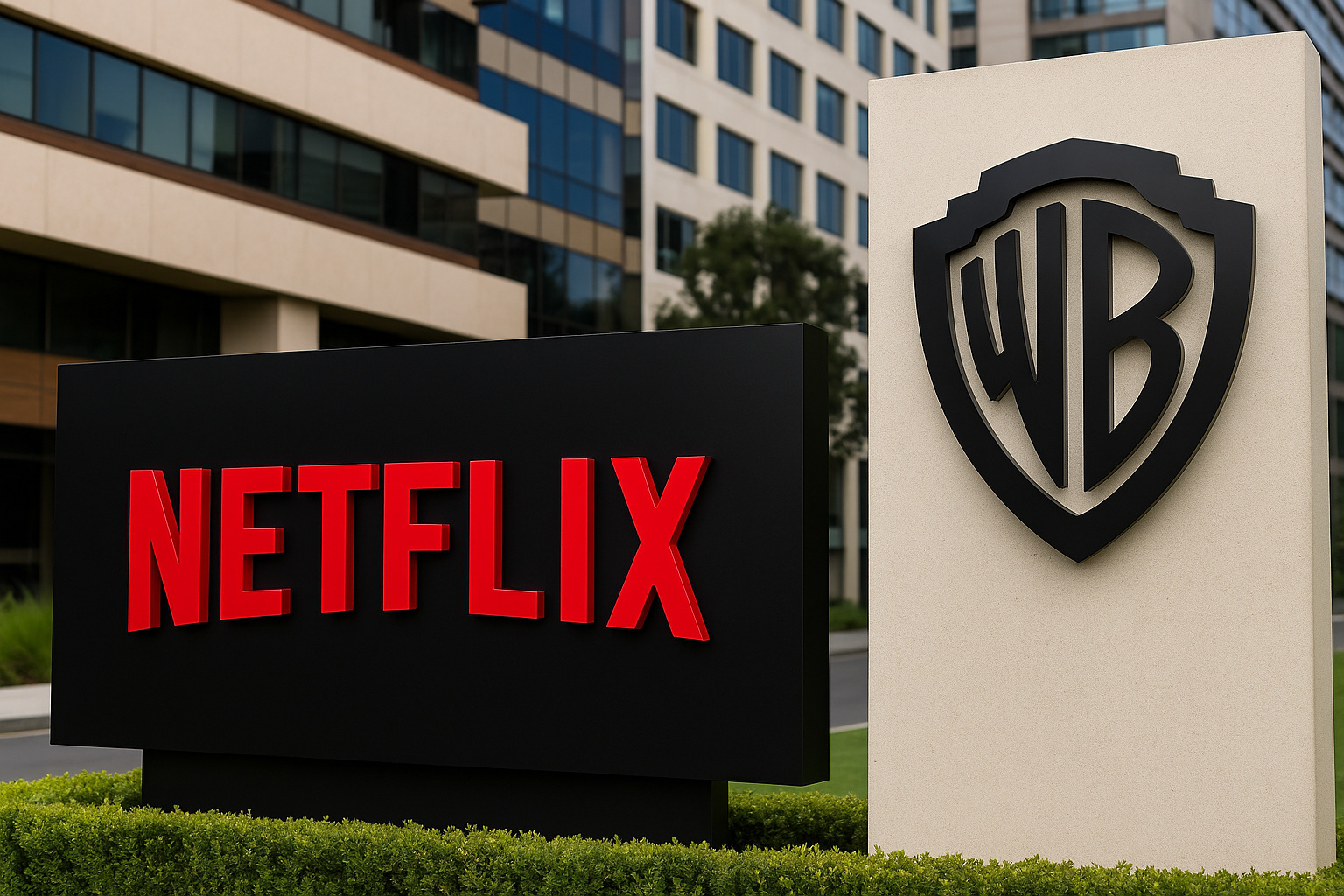 Sedes corporativas da Netflix e da Warner Bros. Discovery simbolizando a fusão bilionária que concentra poder no mercado global de streaming e cinema.