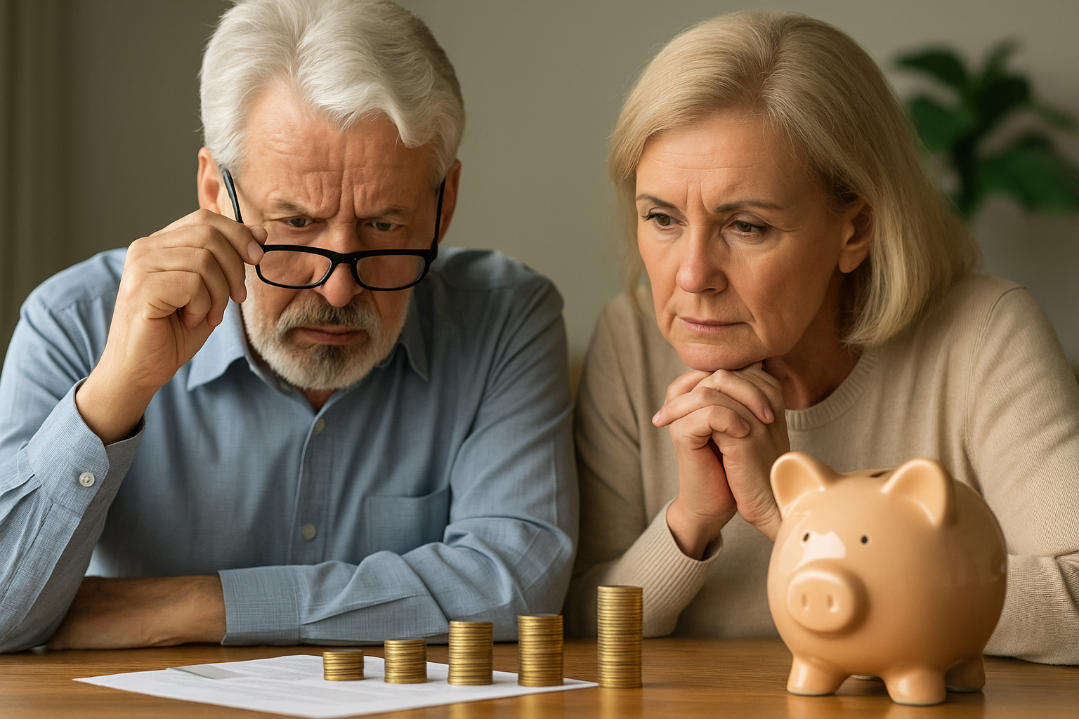 Casal de idosos analisando moedas e planejando investimentos para aposentadoria em uma mesa, representando organização financeira na terceira idade.