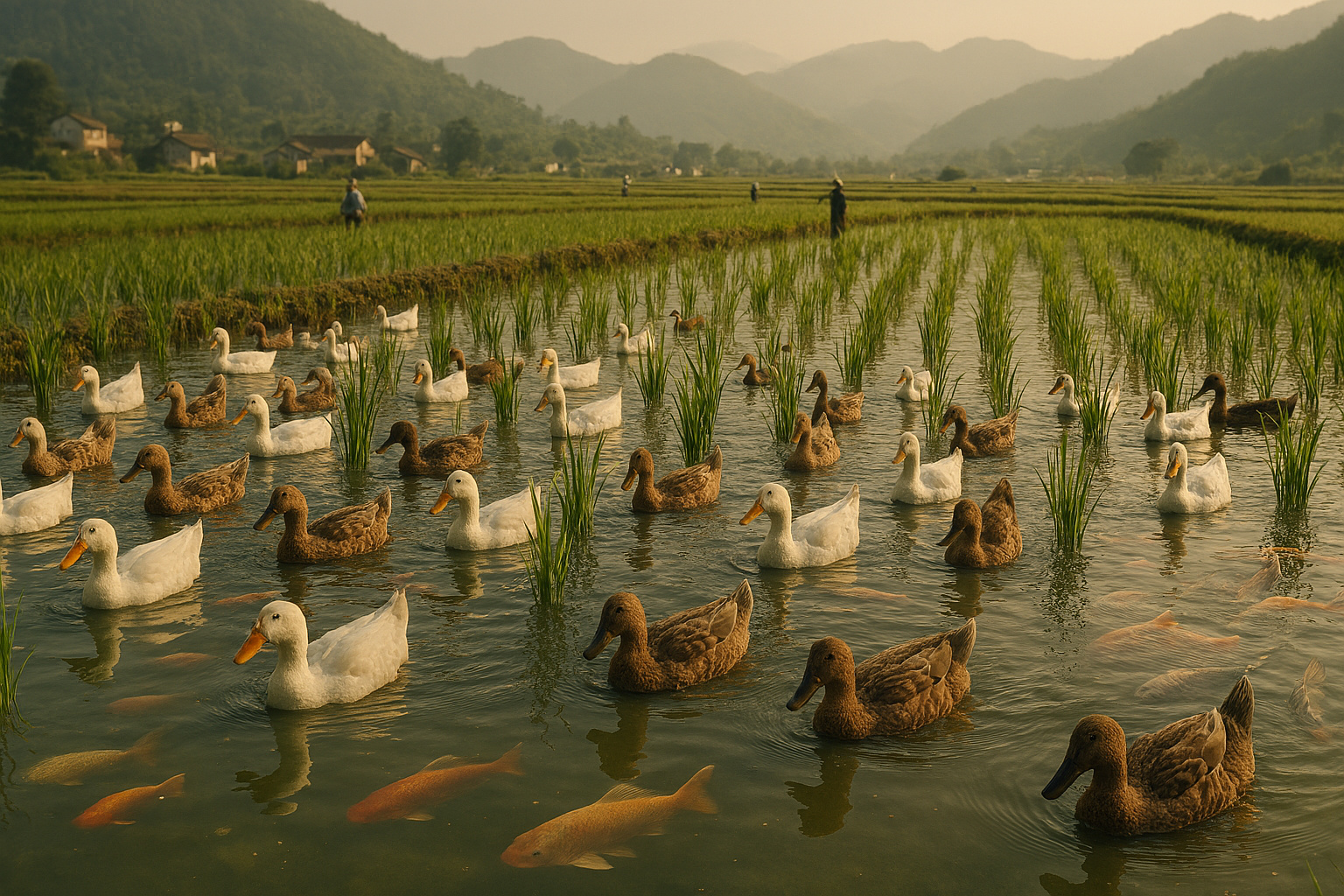 China usa mais de 100 mil patos, peixes e carpas em arrozais para controlar pragas, recuperar solos agrícolas, reduzir agrotóxicos e aumentar a produtividade sem químicos