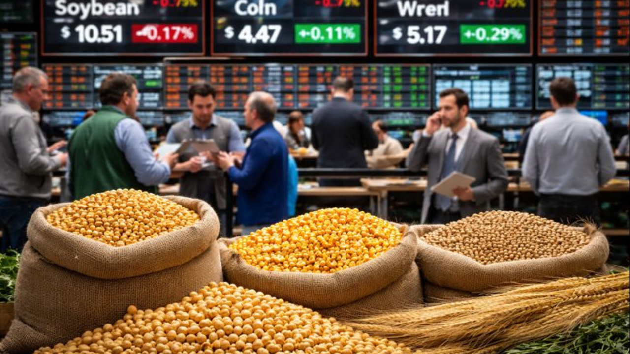 Soja cai em Chicago, enquanto milho e trigo sobem e movimentam o mercado futuro agrícola e as commodities agrícolas.