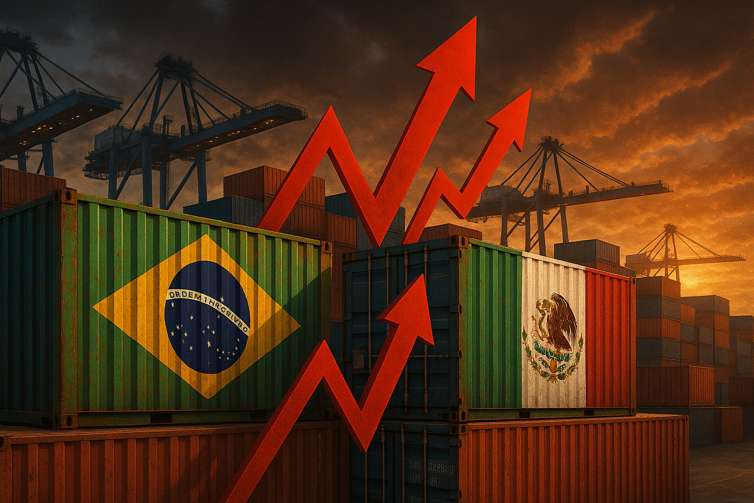 Tarifaço do México com bandeiras do Brasil e México sobre contêineres em porto comercial.