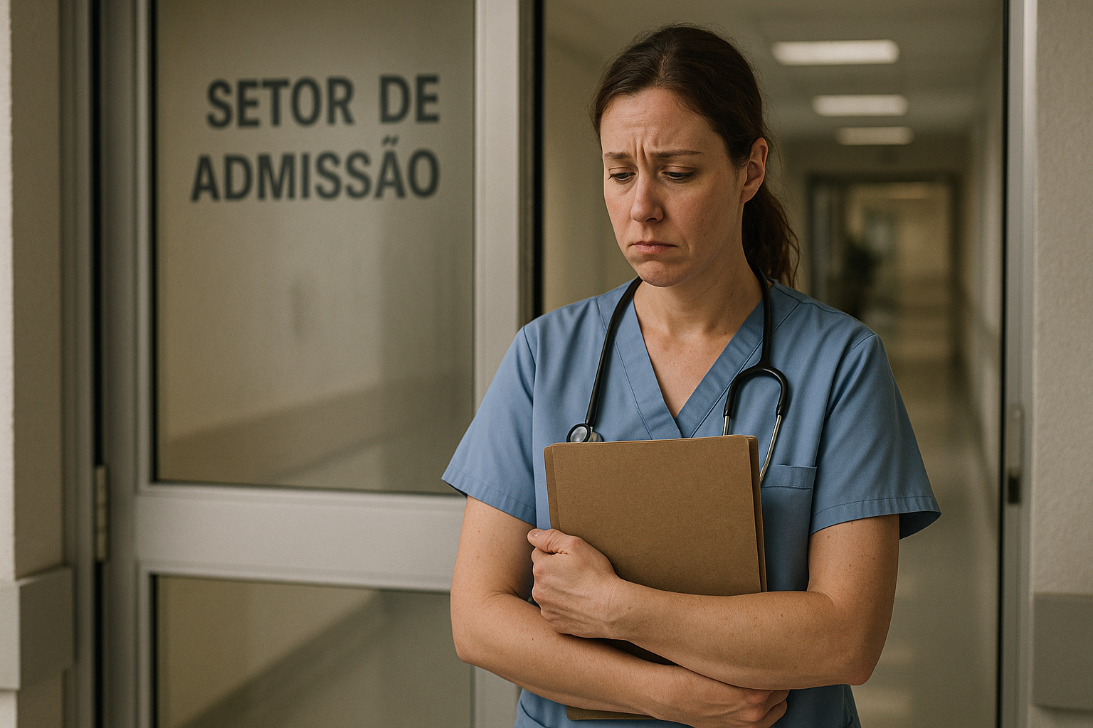Técnica de enfermagem em frente ao hospital simbolizando frustração profissional e decisão judicial sobre perda de uma chance.
