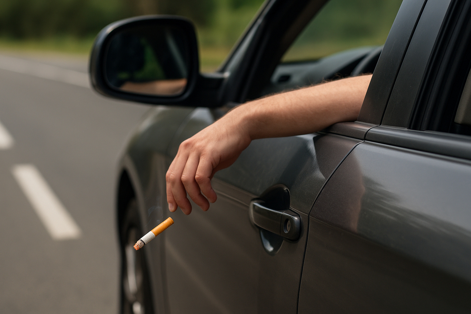 Motorista jogando bituca de cigarro acesa pela janela do carro em via urbana, prática considerada infração grave de trânsito e risco ambiental.
