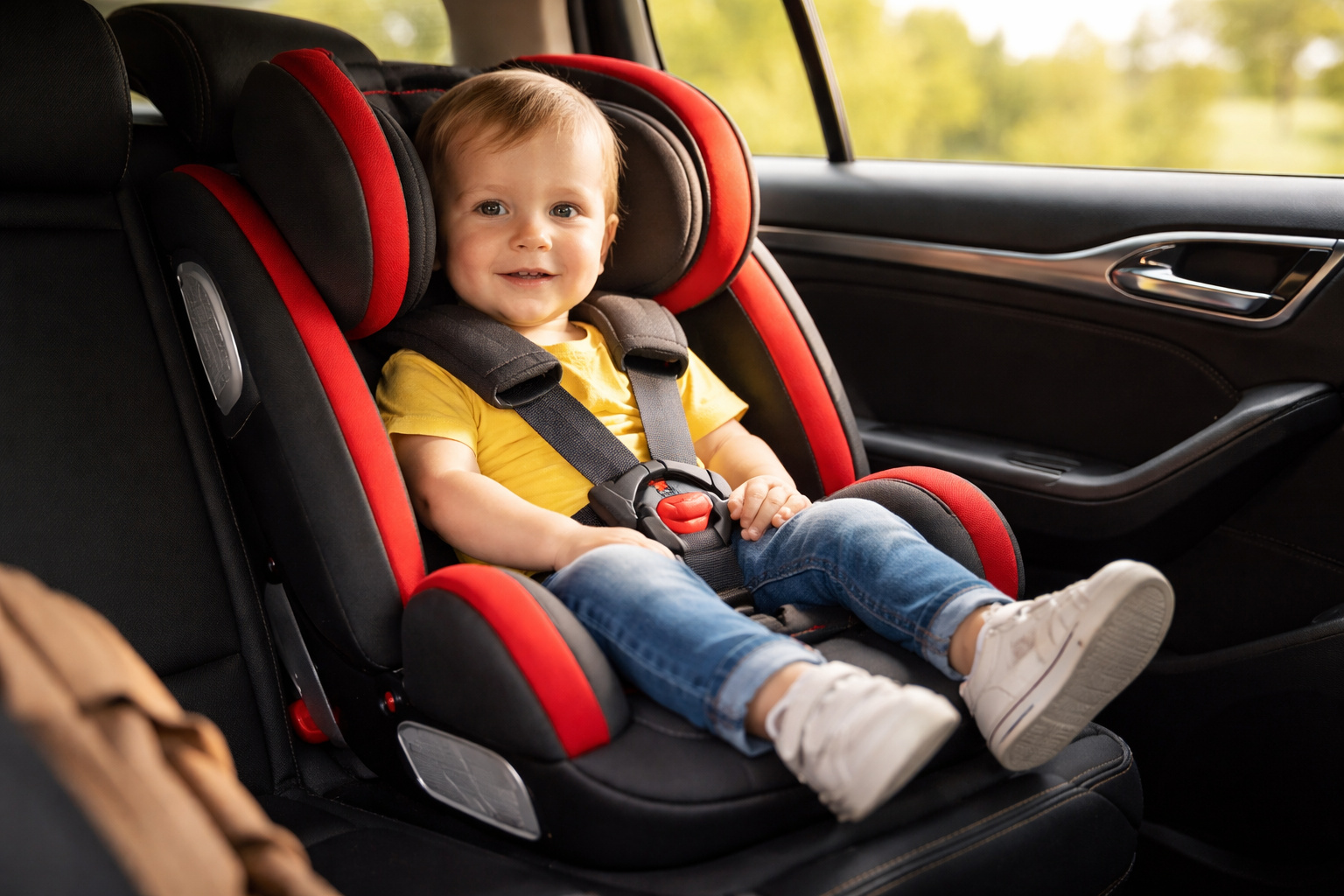 Criança sentada corretamente em cadeirinha infantil no banco traseiro de um carro, presa com cinto de segurança e dispositivo de retenção adequado.