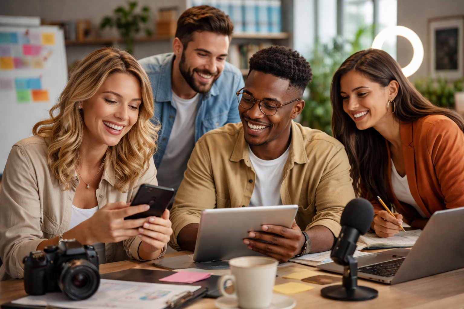Grupo de profissionais colaborando em ambiente de trabalho moderno, utilizando celular, notebook, câmera e microfone para produção de conteúdo digital e fortalecimento da marca pessoal.