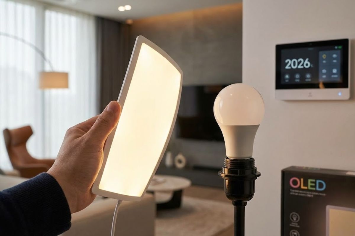 painéis de iluminação OLED ultrafinos em 2026: iluminação OLED combinada ao LED com dimerização e automação para luz uniforme, menos ofuscamento e integração em tetos e móveis residenciais.
