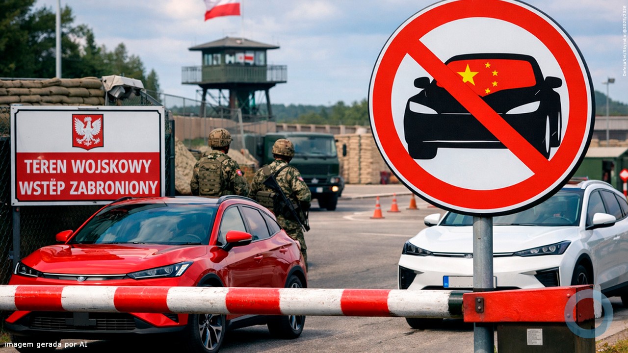 Polônia restringe carros chineses em bases militares por segurança de dados, citando sensores e conectividade; medida gera reação da China. (Imagem: Reprodução/DefesaNet)
