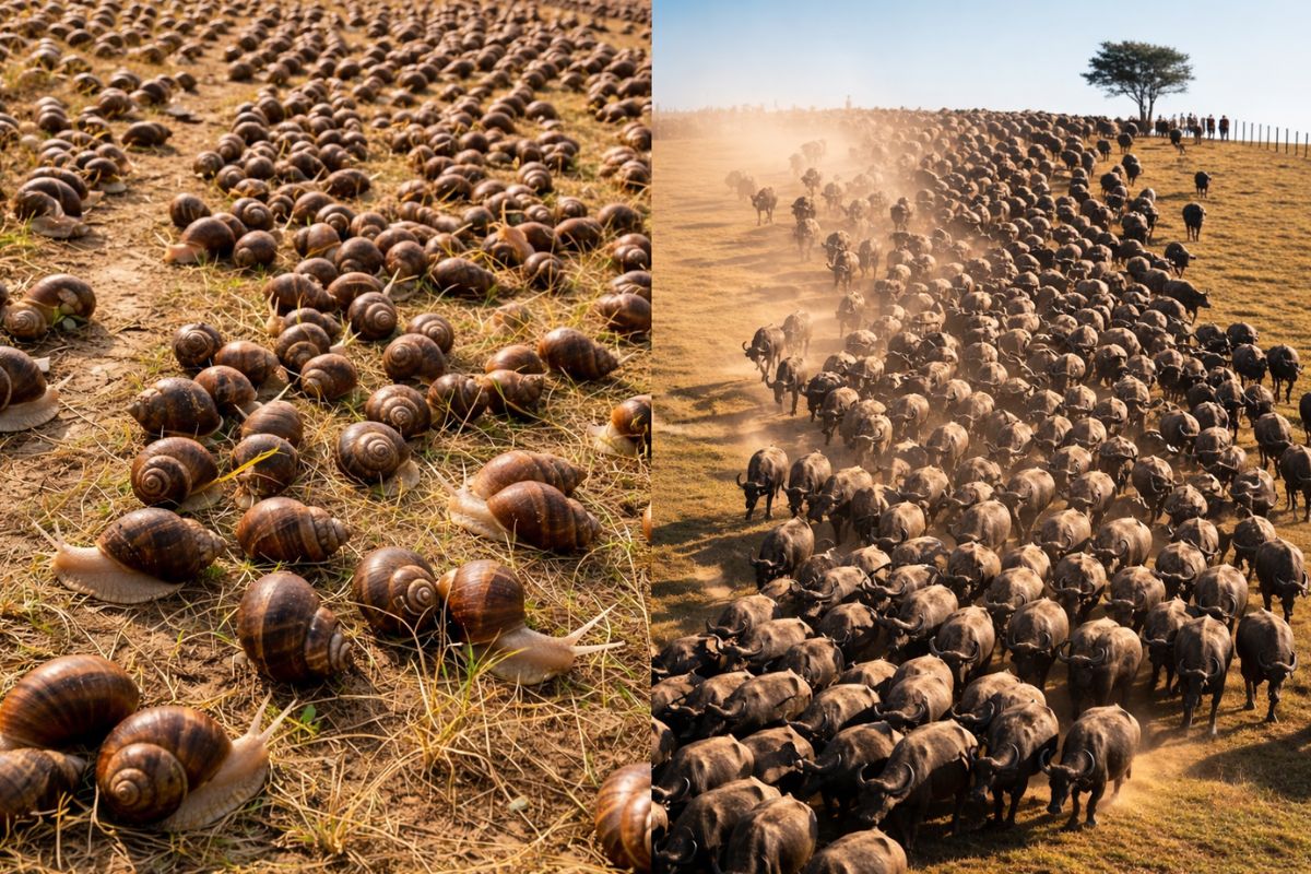 5 animais invasores tiram o sono do campo no Brasil cervo axis rompe cercas e compete com gado, búfalos ferais viram risco de 700 kg, caramujo africano espalha pragas