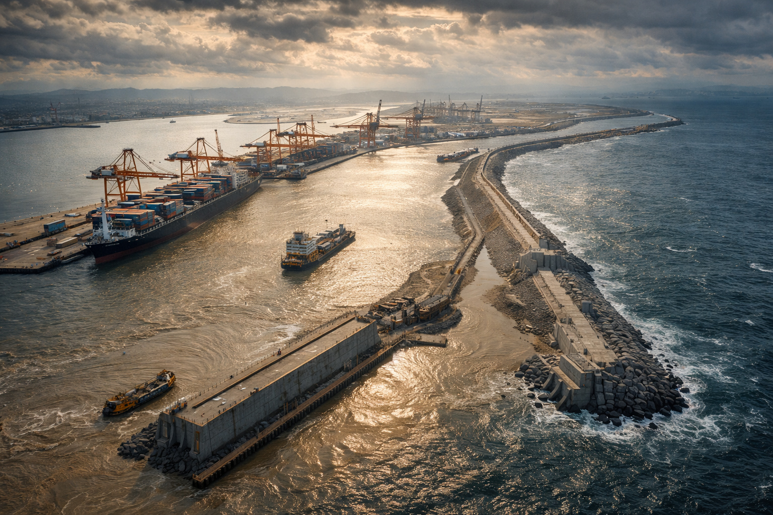 Coreia do Sul dragou 72 milhões de m³ de sedimentos, levantou paredes marítimas gigantes e construiu um porto industrial em águas profundas onde antes só existia mar aberto — o megaprojeto Busan New Port