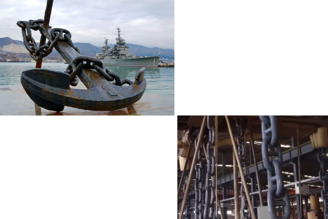 La cadena de ancla que sostiene barcos es la cadena más fuerte del mundo, parte del sistema de fondeo de barcos de 200 mil toneladas.