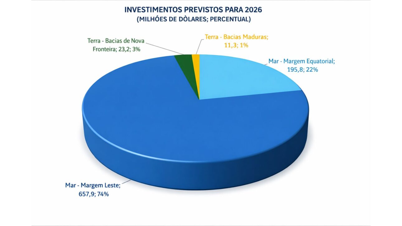 Gráfico muestra la distribución de las inversiones previstas por la ANP para 2026 en la exploración de petróleo y gas, con mayor concentración en las cuencas marinas de la Margen Este y Ecuatorial.