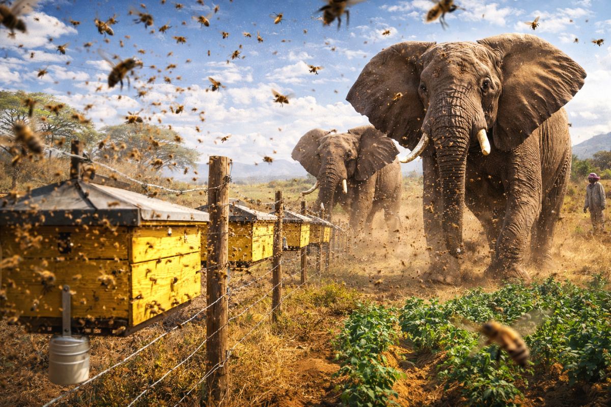 Abelhas viram escudo contra elefantes no Quénia cercas de colmeias afastam invasões em 86% das vezes, protegem colheitas e vidas, geram mel, mas secas podem enfraquecer