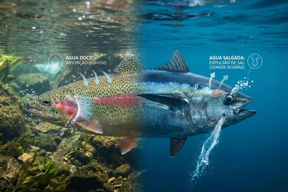 Peixe regula hidratação pela osmose: em água doce quase não bebe, em água salgada engole líquido, filtra sal nas guelras e mantém equilíbrio perfeito.