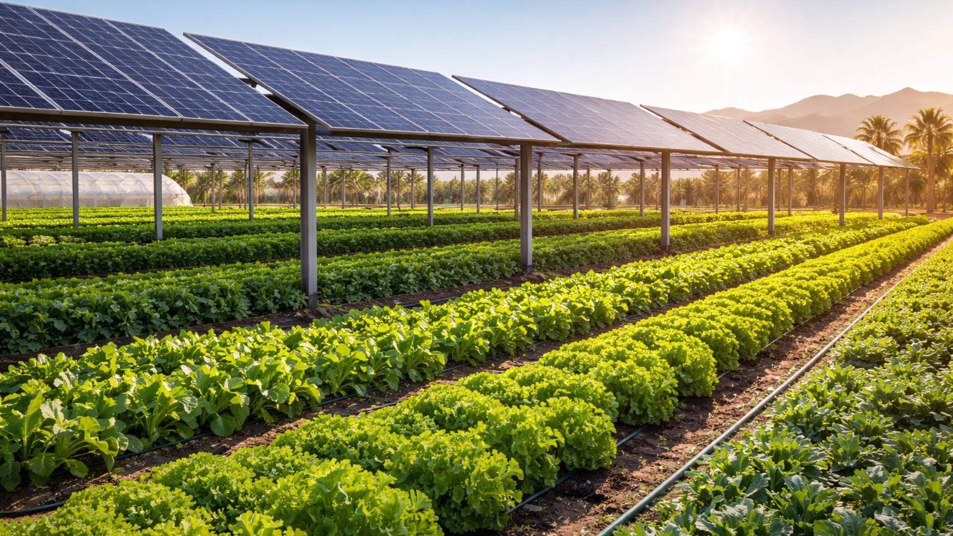 Sistema agrivoltaico em Abu Dhabi com painéis solares elevados sobre cultivos agrícolas em região árida