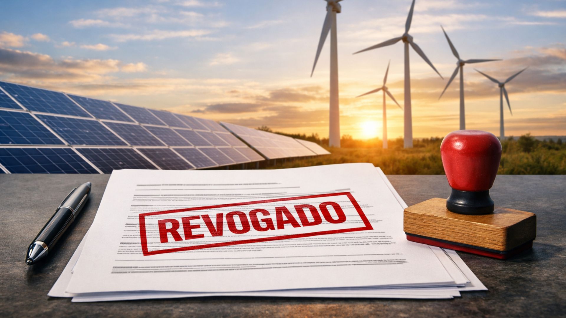 Documento com carimbo vermelho “Revogado” em primeiro plano, sobre mesa, tendo ao fundo usinas de energia solar e eólica ao pôr do sol, representando cancelamento de projetos renováveis.