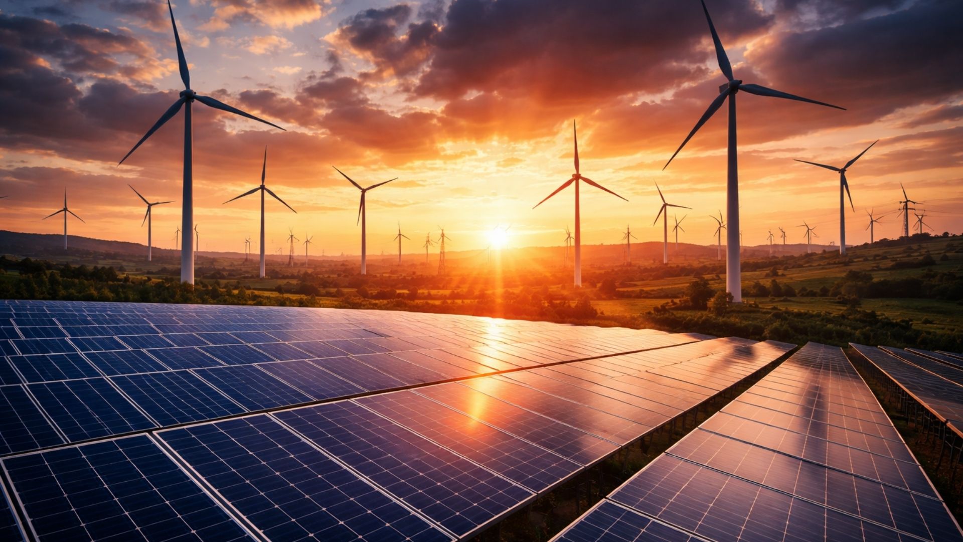 Parque de energia renovável no Brasil com painéis solares e aerogeradores em operação ao pôr do sol, representando a expansão da matriz elétrica com fontes solar e eólica.