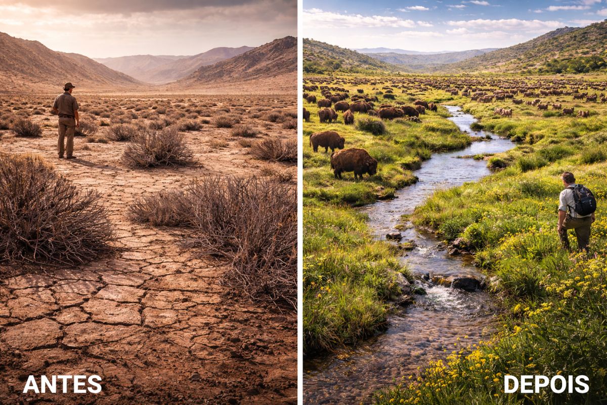 Desertos agrícolas recuperam solo com grandes herbívoros ao aumentar retenção de água e aplicar agricultura regenerativa em projetos globais monitorados em 2026.
