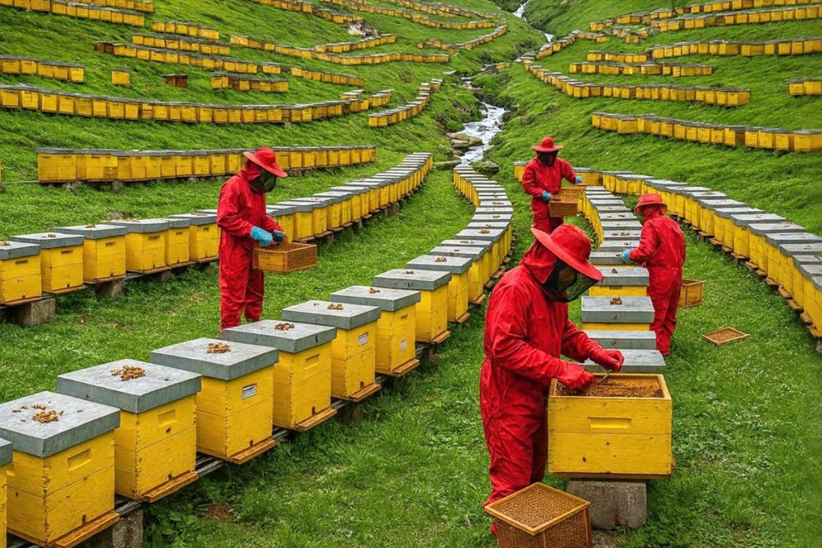 Do néctar selado na colmeia à fábrica, com fumaça, aquecimento controlado e controle de qualidade, apicultores mostram como o mel ganha forma com precisão.