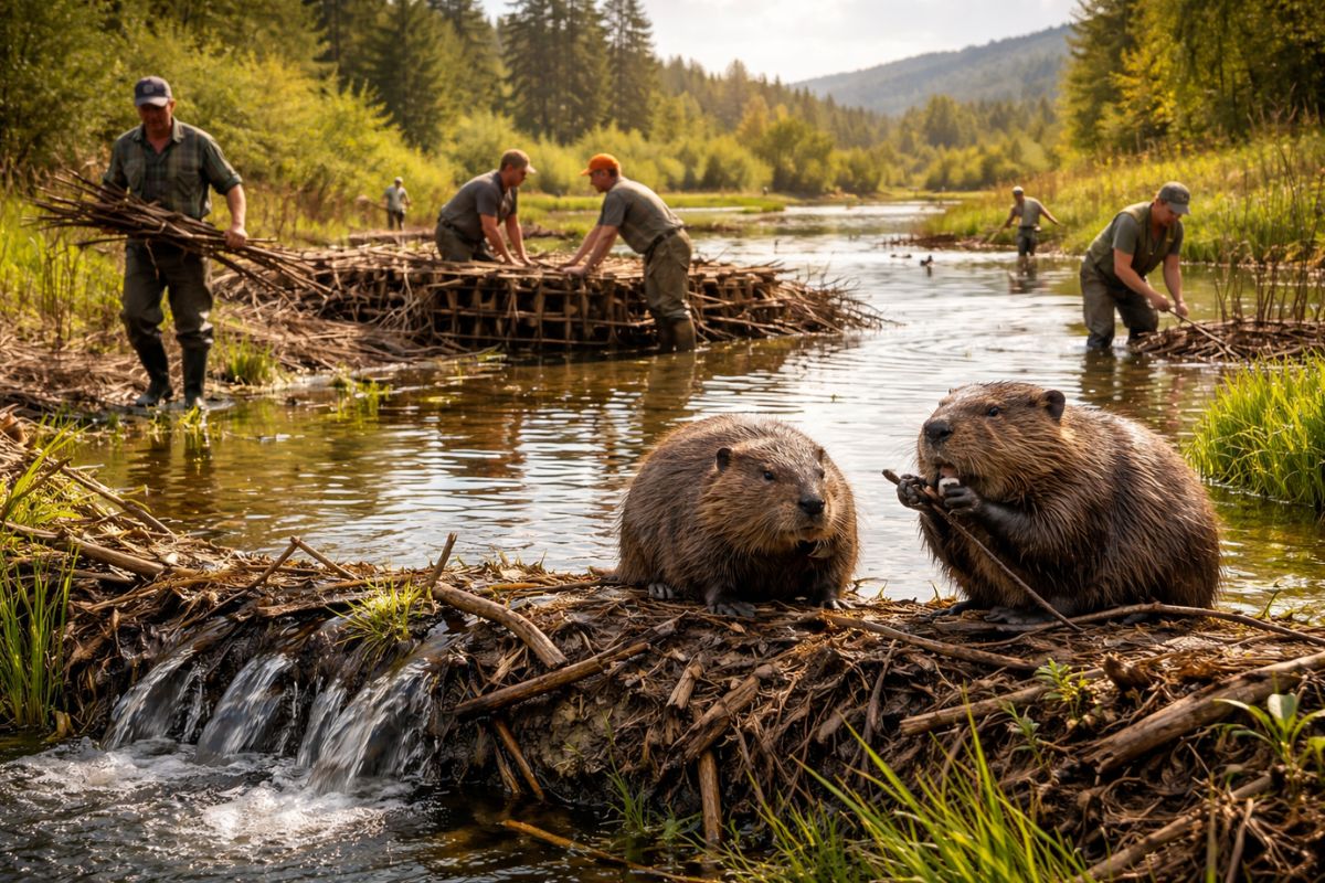 Castores retornam a pântano restaurado com novas represas, lago recuperado e controle da água após trabalho de voluntários na reconstrução do ecossistema.