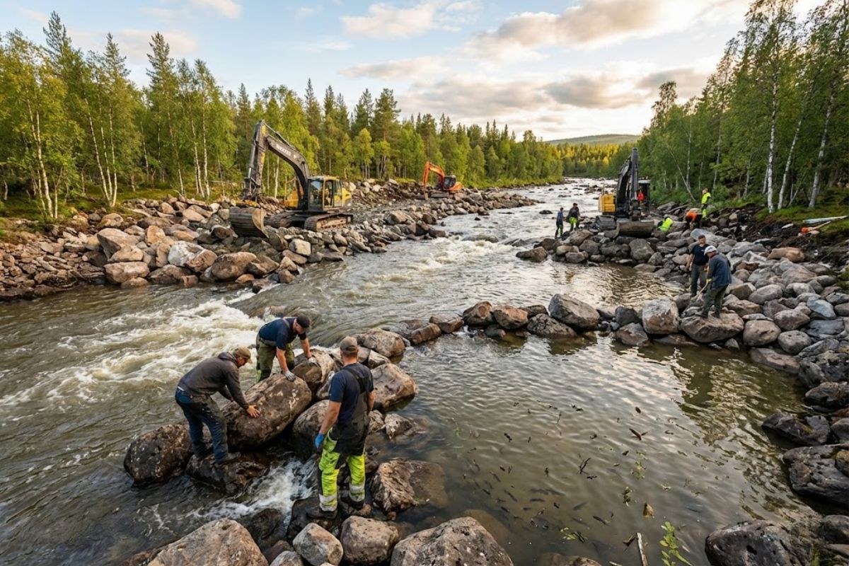 Rios da Lapônia sueca passam por restauração de rios no rio Abramsån, onde a Rewilding Sweden reconstrói ecossistemas fluviais após décadas de degradação ambiental
