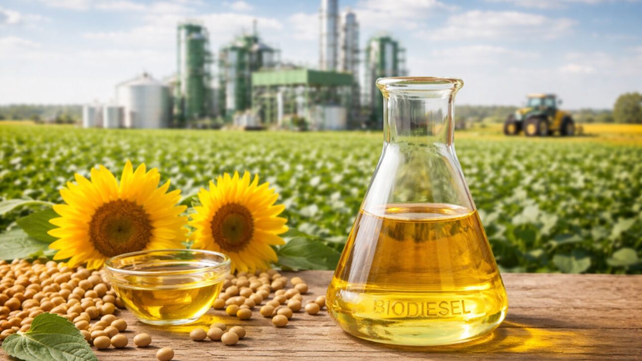 Frasco de biodiésel en primer plano con granos de soja y girasoles, teniendo al fondo una planta de biocombustibles integrada a la área agrícola, simbolizando producción sostenible de energía renovable.