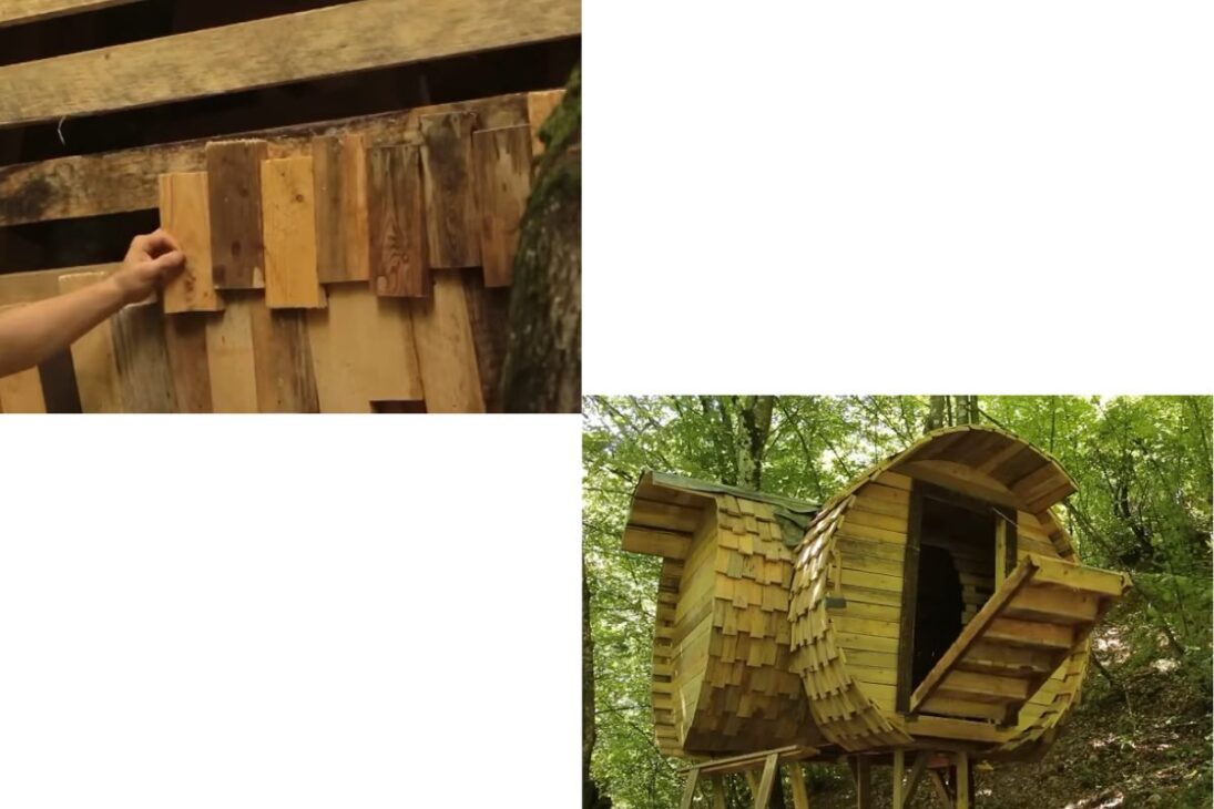 Toca hobbit en esfera de madera hecha con palets de madera, techo de musgo y casa en árbol que se integra al bosque.