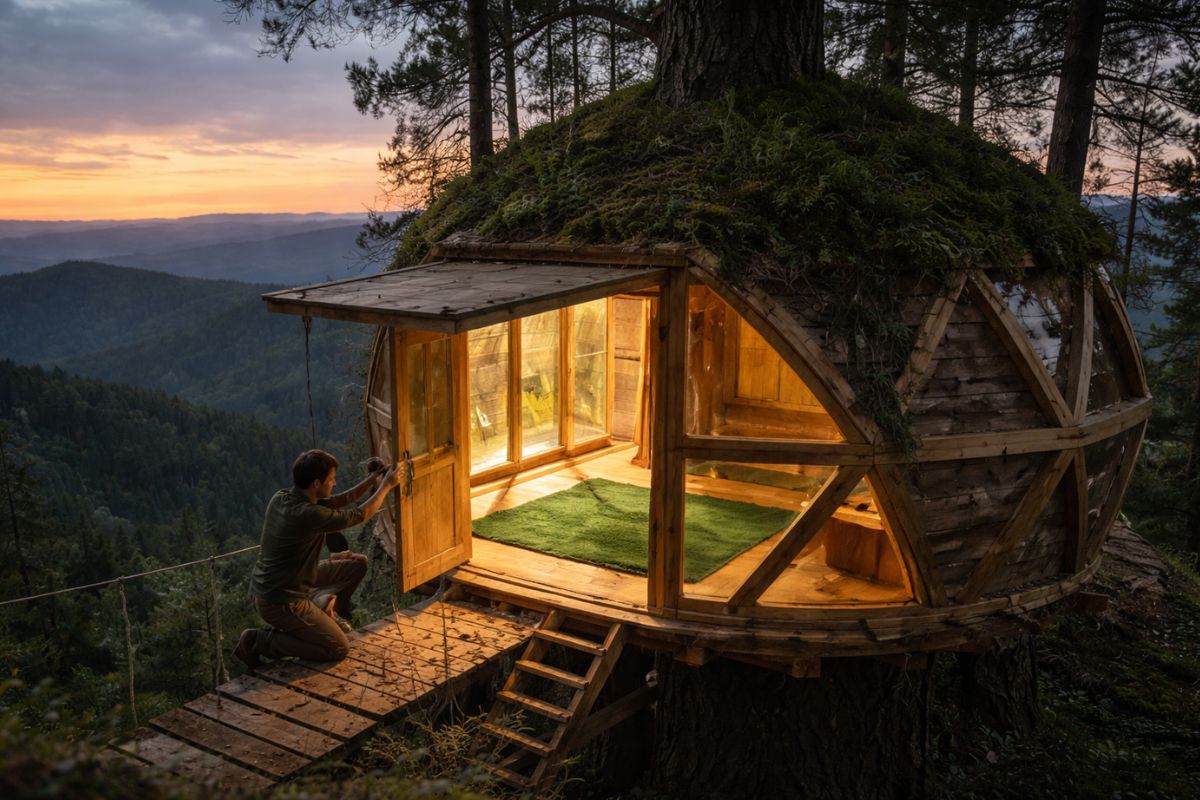 Artesão transforma paletes descartados em “toca hobbit” esférica suspensa encaixes de madeira sem cola, piso e paredes curvos, telhas em escamas, porta tipo ponte levadiça e telhado (4)