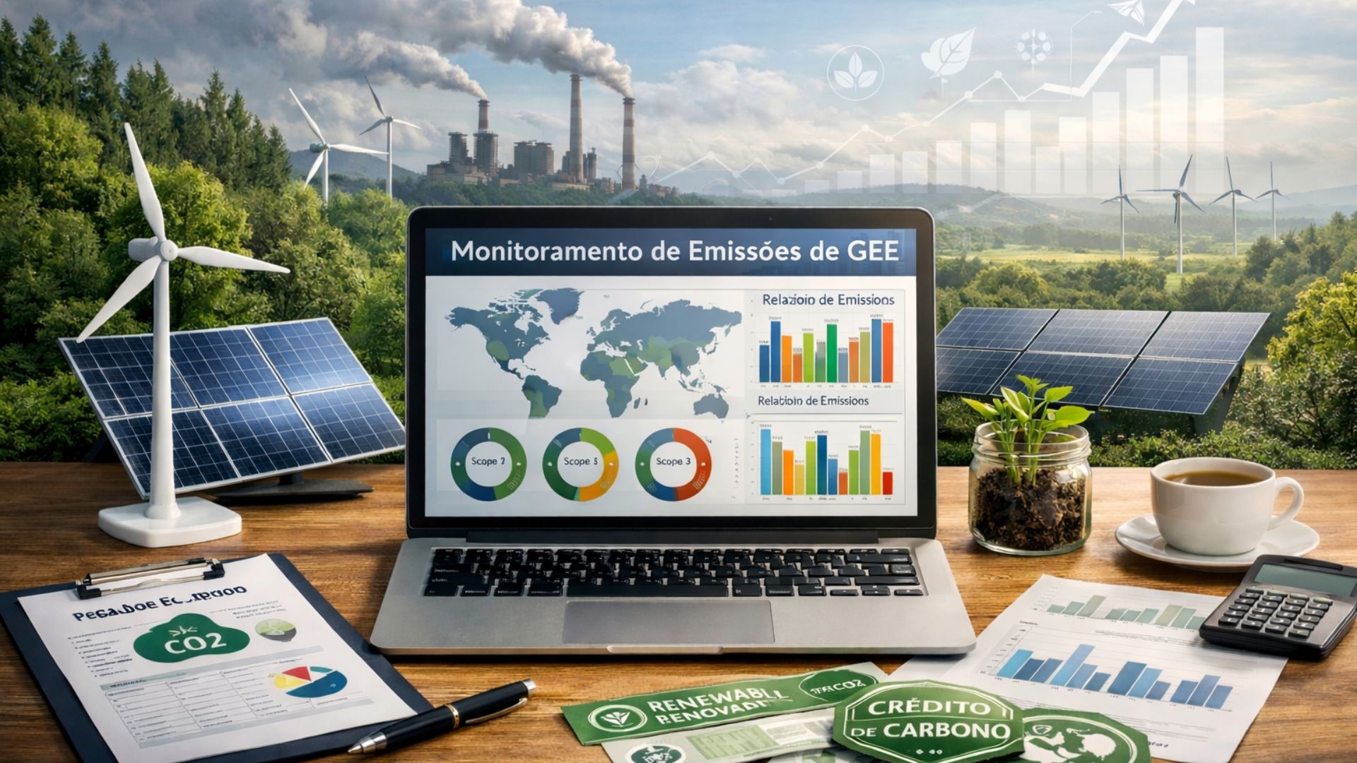 Plataforma digital de monitoramento de emissões de gases de efeito estufa em notebook, com painéis solares e aerogeradores ao fundo, representando descarbonização e energia renovável.